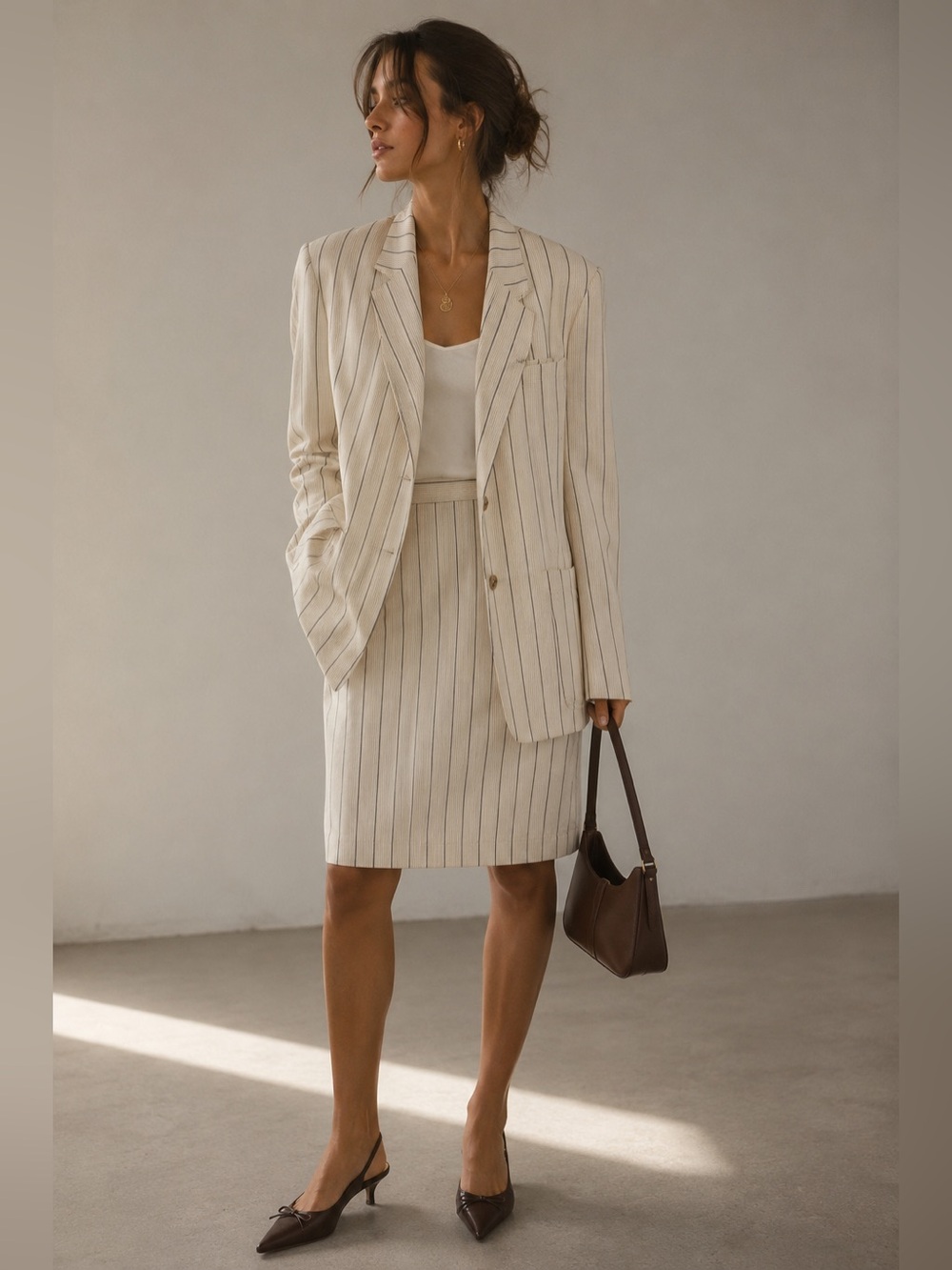 Vintage Marie Claire Rayon Pinstripe Skirt Suit Set |  90s | Modern Sz Medium